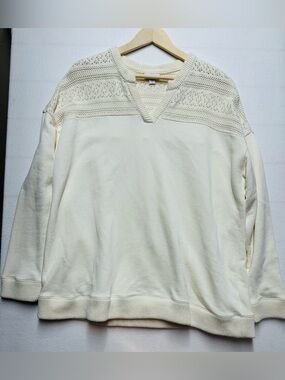 Pure Jill Women’s XL Tall 100% Cotton Sweater – Cream Knit – V‑Neck Lace Detail